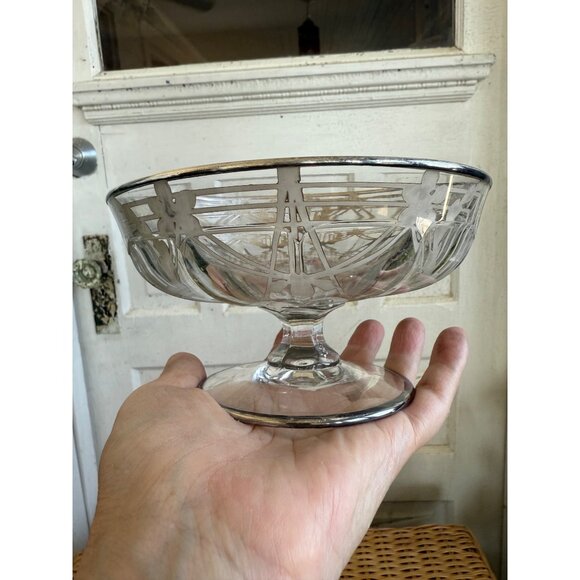 Antique 20's Art Deco Pedestal Candy Trinket Bowl Painted Sterling Overaly - Picture 6 of 16